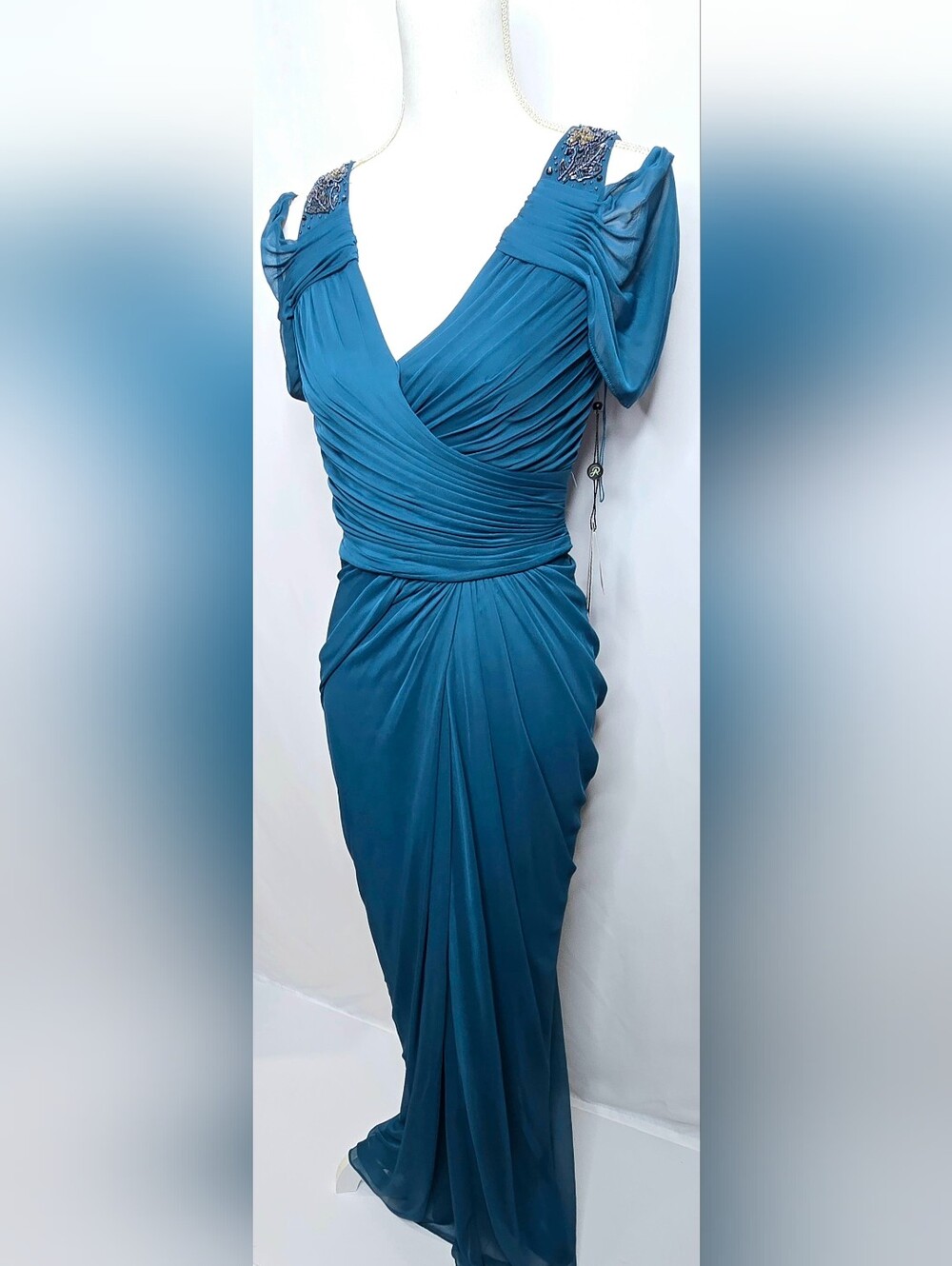 Adrianna Papell Wedding Guest Peacock Teal Beaded Chiffon Evening Gown NWOT 10 - Picture 2 of 14